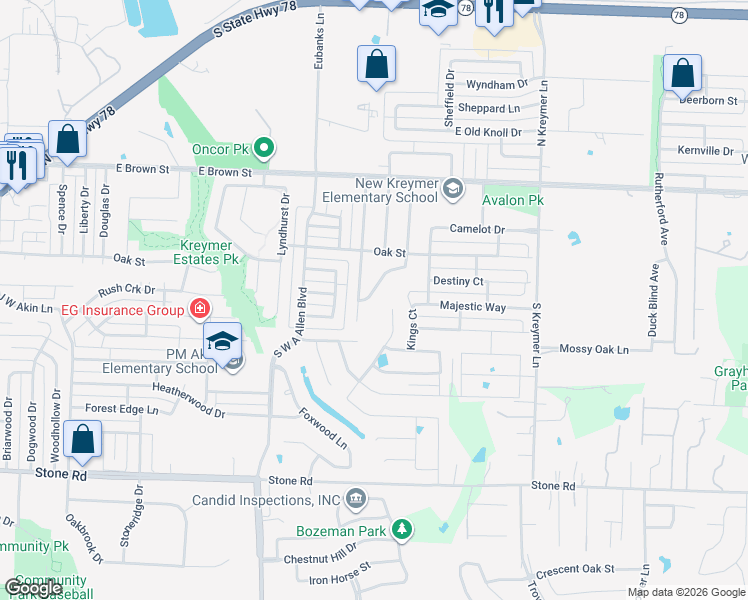 map of restaurants, bars, coffee shops, grocery stores, and more near 122 South Bending Oak Lane in Wylie