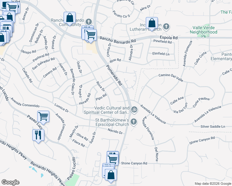 map of restaurants, bars, coffee shops, grocery stores, and more near 12606 Opimo Drive in San Diego