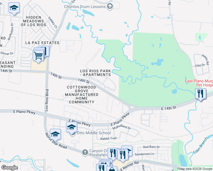 map of restaurants, bars, coffee shops, grocery stores, and more near 4701 14th Street in Plano