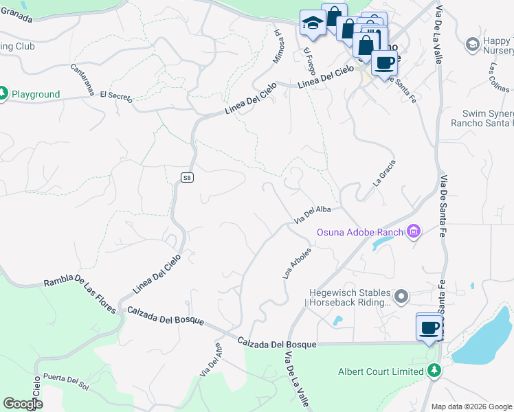 map of restaurants, bars, coffee shops, grocery stores, and more near 16312 Via Del Alba in Rancho Santa Fe