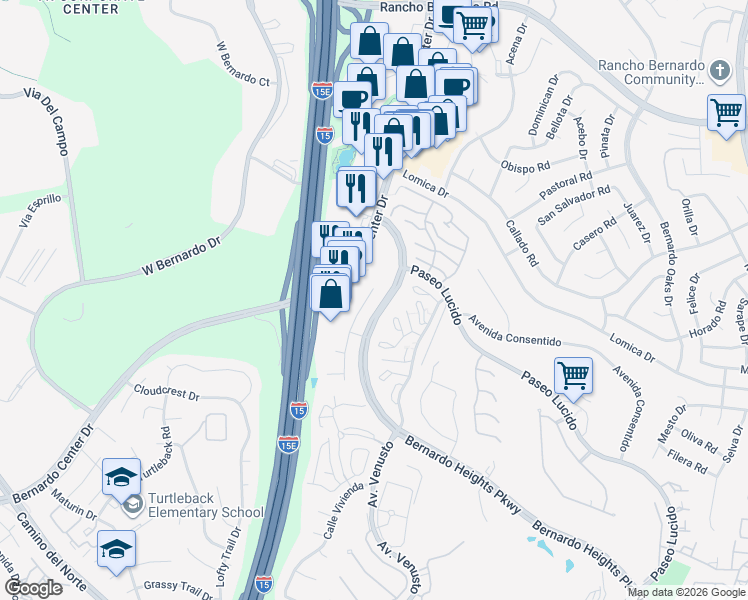 map of restaurants, bars, coffee shops, grocery stores, and more near 16367 Avenida Nobleza in San Diego