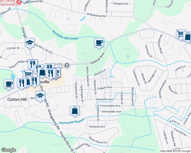 map of restaurants, bars, coffee shops, grocery stores, and more near 201 White Gables Drive in Summerville