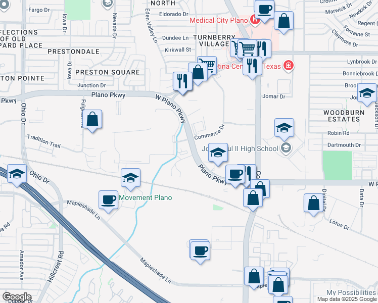 map of restaurants, bars, coffee shops, grocery stores, and more near 4084 West Plano Parkway in Plano