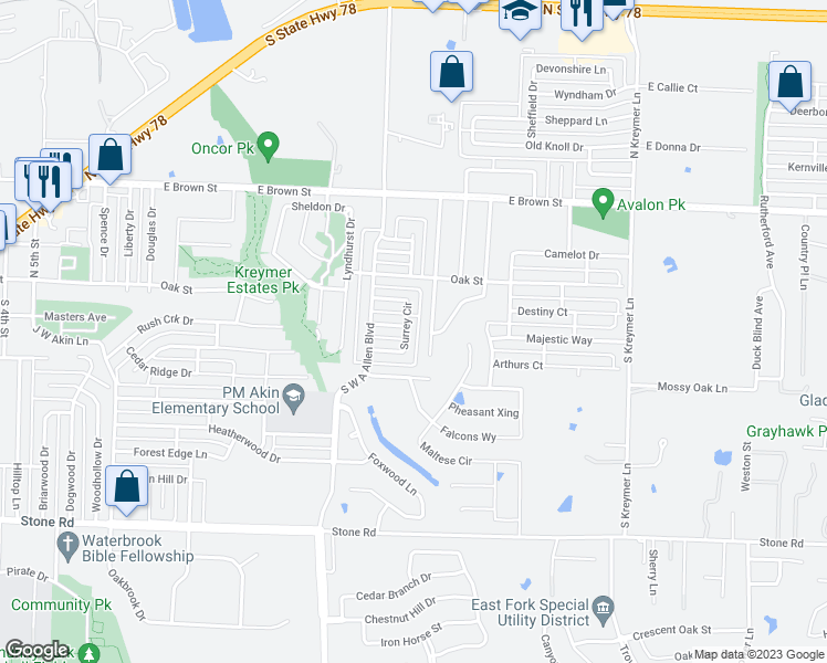 map of restaurants, bars, coffee shops, grocery stores, and more near 1105 Surrey Circle in Wylie