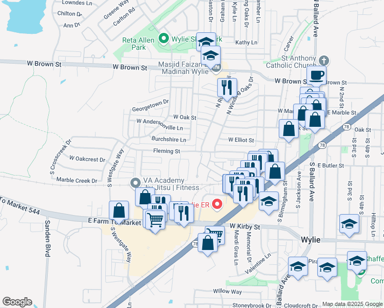 map of restaurants, bars, coffee shops, grocery stores, and more near 603 Fleming in Wylie
