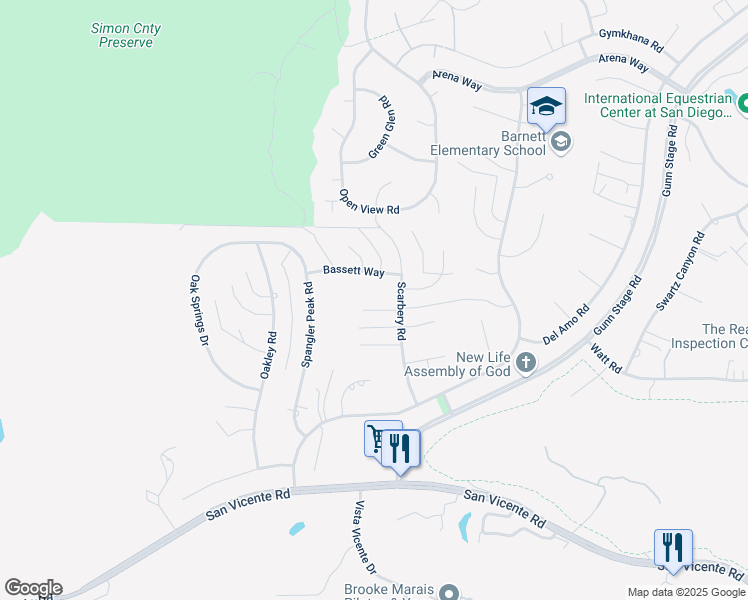 map of restaurants, bars, coffee shops, grocery stores, and more near 23540 Oriente Way in Ramona