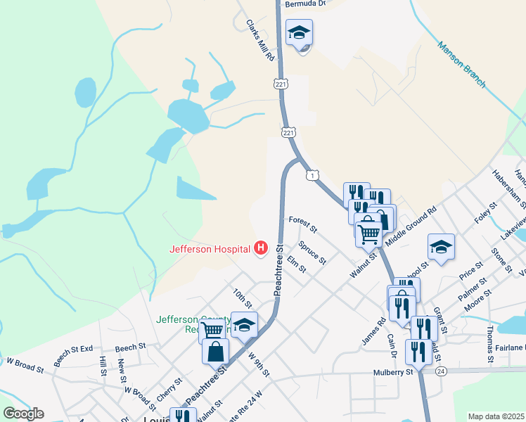 map of restaurants, bars, coffee shops, grocery stores, and more near 1101 Peachtree Street in Louisville