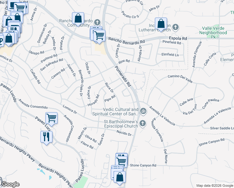 map of restaurants, bars, coffee shops, grocery stores, and more near 16420 Opimo Drive in San Diego
