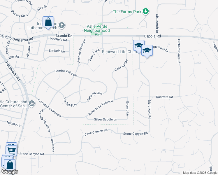 map of restaurants, bars, coffee shops, grocery stores, and more near 13080 Camino Del Valle in Poway