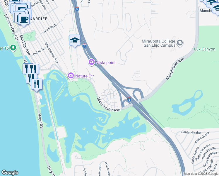 map of restaurants, bars, coffee shops, grocery stores, and more near 2438 Caminito Ocean Cove in Encinitas