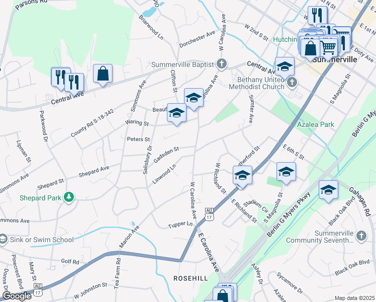 map of restaurants, bars, coffee shops, grocery stores, and more near 103 Gadsden Street in Summerville