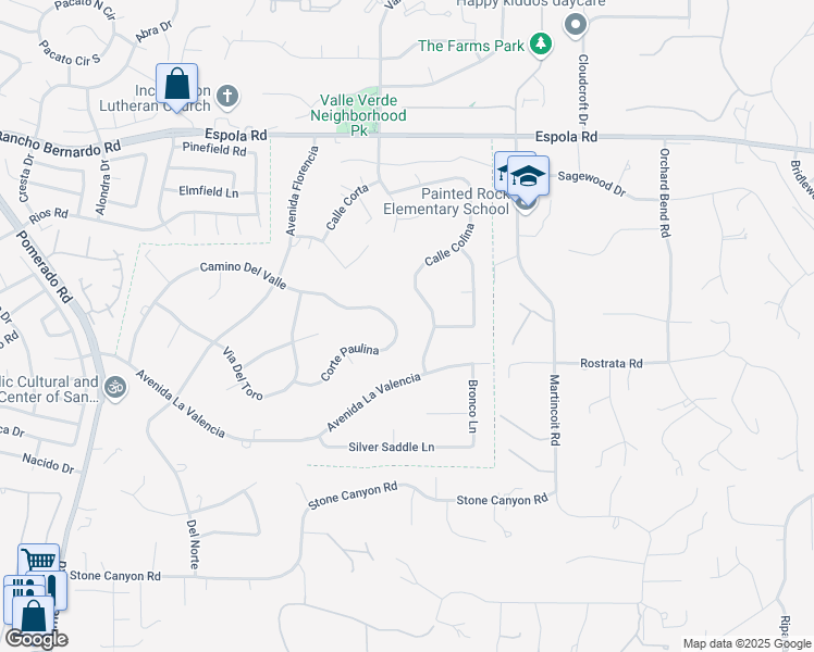 map of restaurants, bars, coffee shops, grocery stores, and more near 13080 Camino Del Valle in Poway