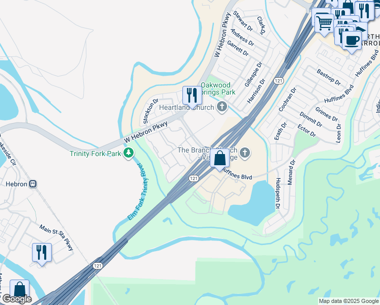 map of restaurants, bars, coffee shops, grocery stores, and more near 2057 West Hebron Parkway in Carrollton