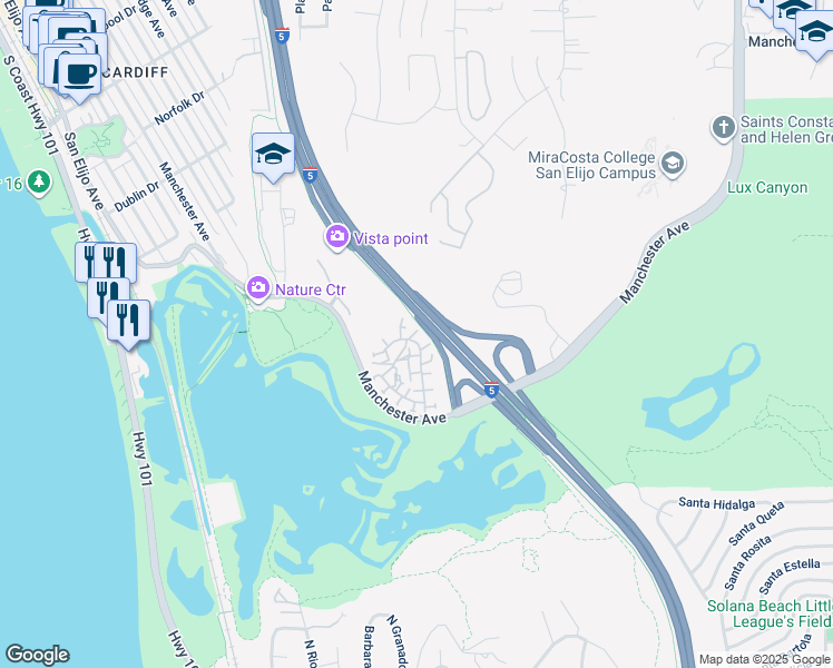 map of restaurants, bars, coffee shops, grocery stores, and more near 2459 Caminito Ocean Cove in Encinitas