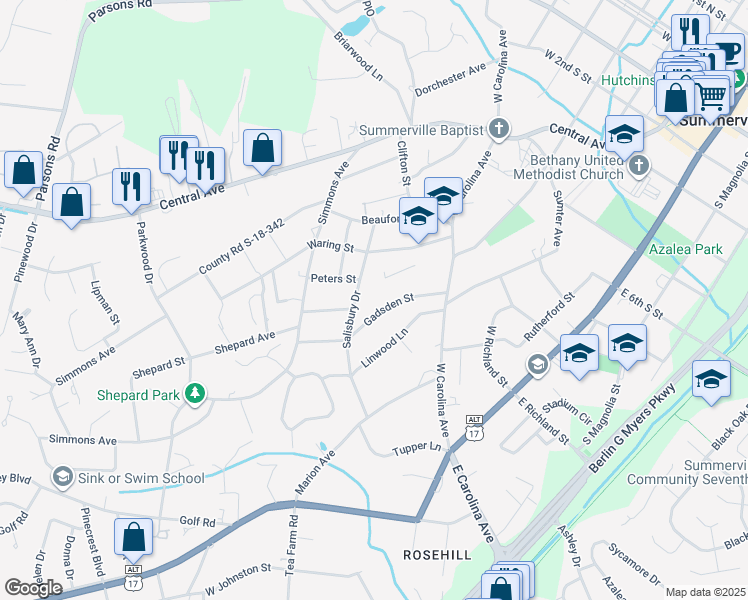 map of restaurants, bars, coffee shops, grocery stores, and more near 134 Gadsden Street in Summerville