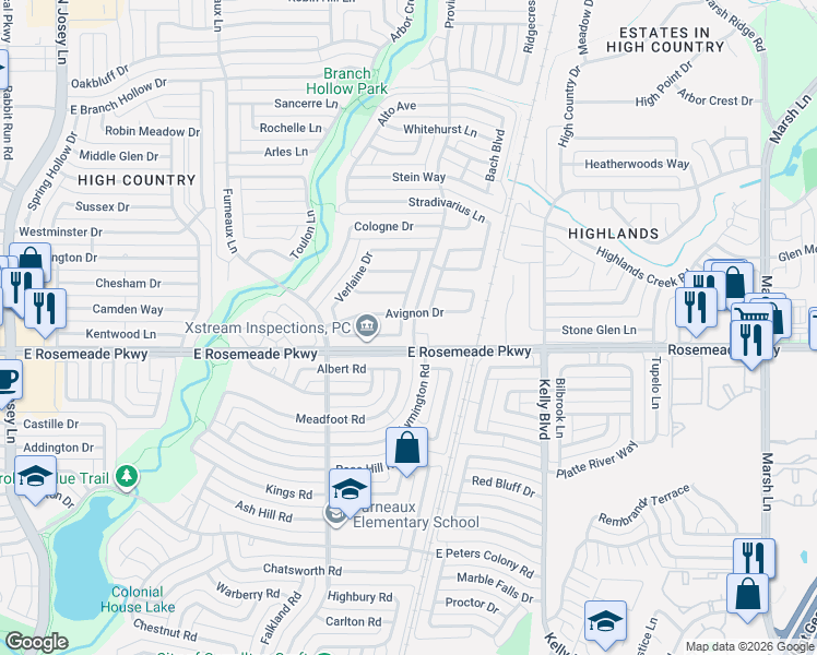 map of restaurants, bars, coffee shops, grocery stores, and more near 2040 Rousillon Drive in Carrollton