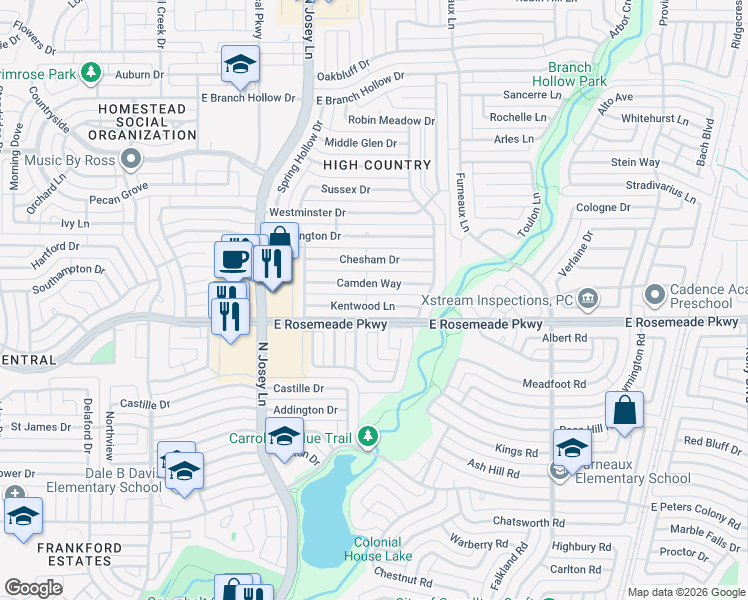 map of restaurants, bars, coffee shops, grocery stores, and more near 1934 Kentwood Lane in Carrollton