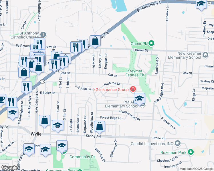 map of restaurants, bars, coffee shops, grocery stores, and more near 210 East Rush Creek Drive in Wylie