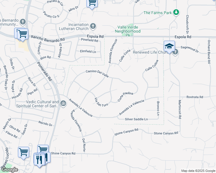 map of restaurants, bars, coffee shops, grocery stores, and more near 16414 Calle Ana in Poway