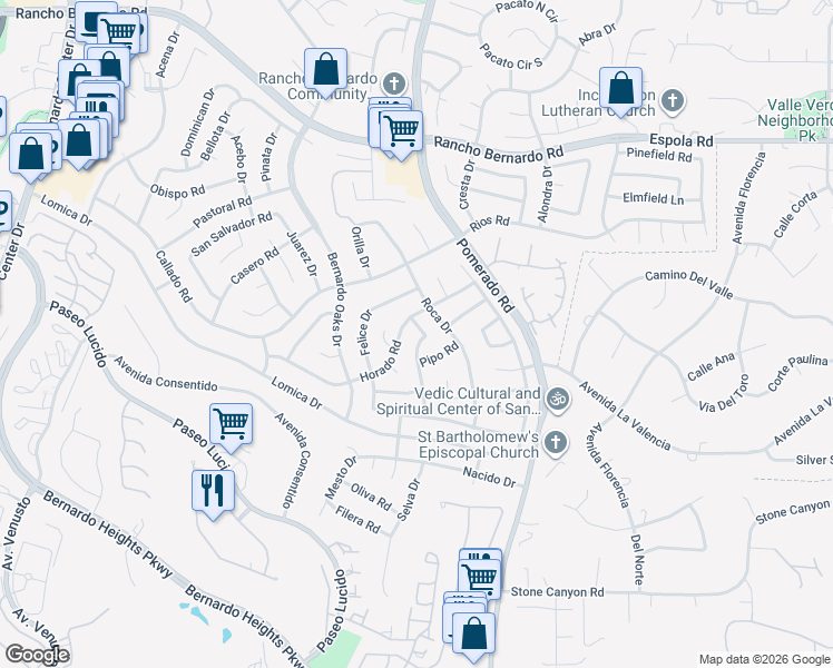 map of restaurants, bars, coffee shops, grocery stores, and more near 16462 Sarape Drive in San Diego