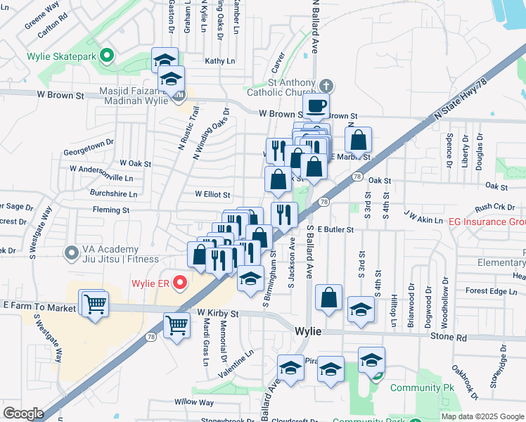 map of restaurants, bars, coffee shops, grocery stores, and more near 120 South Birmingham Street in Wylie