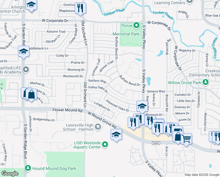map of restaurants, bars, coffee shops, grocery stores, and more near 1168 Settlers Way in Lewisville
