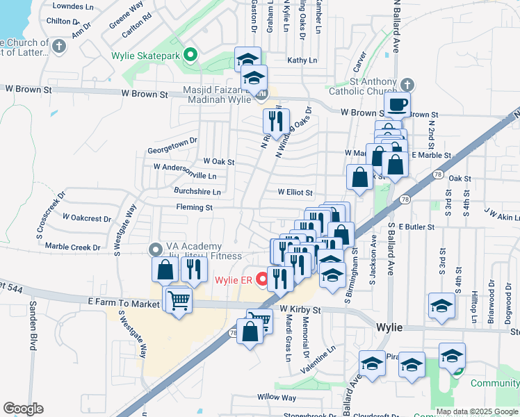 map of restaurants, bars, coffee shops, grocery stores, and more near 500 Fleming in Wylie