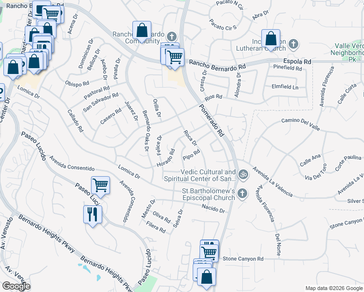 map of restaurants, bars, coffee shops, grocery stores, and more near 16462 Sarape Drive in San Diego