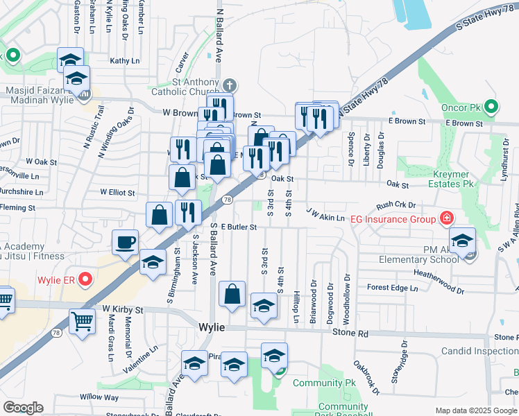 map of restaurants, bars, coffee shops, grocery stores, and more near 300 Masters Avenue in Wylie