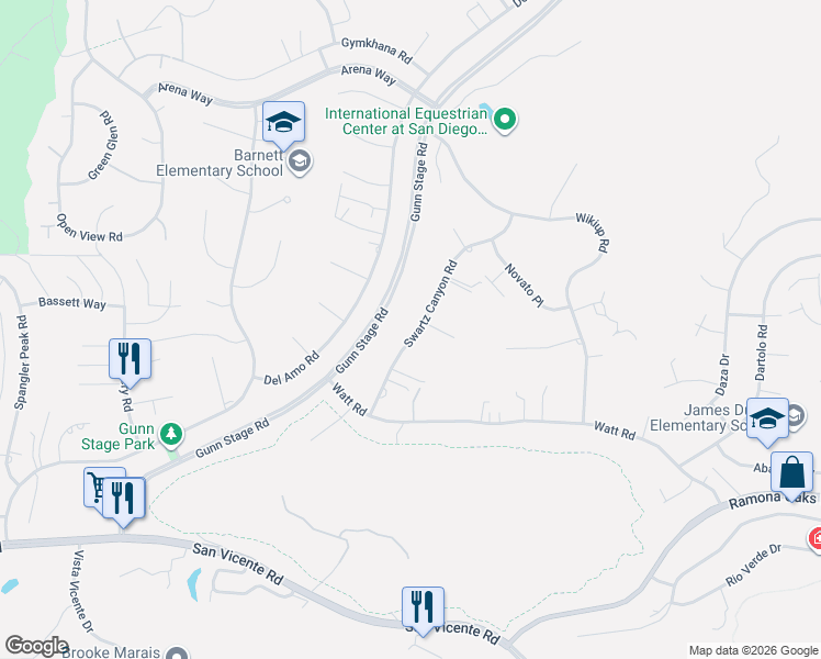map of restaurants, bars, coffee shops, grocery stores, and more near 16308 Swartz Canyon Road in Ramona