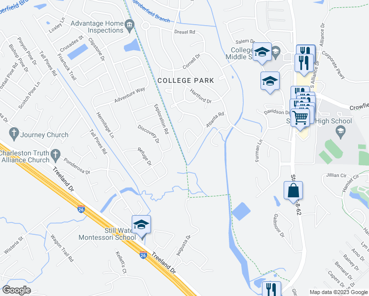 map of restaurants, bars, coffee shops, grocery stores, and more near 100 Emory Court in Ladson