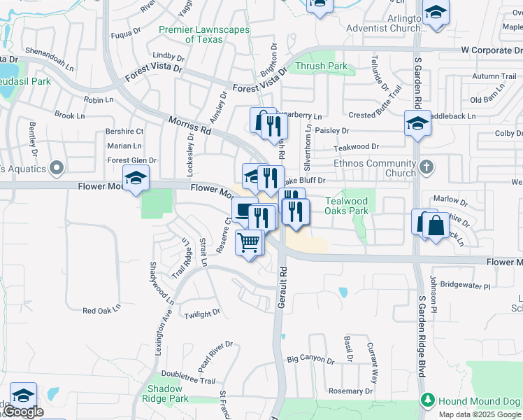 map of restaurants, bars, coffee shops, grocery stores, and more near 1200 Flower Mound Road in Flower Mound