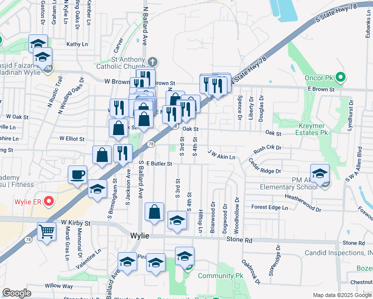 map of restaurants, bars, coffee shops, grocery stores, and more near 206 South 3rd Street in Wylie