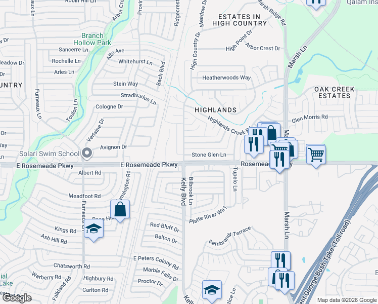 map of restaurants, bars, coffee shops, grocery stores, and more near 2302 Stone Glen Lane in Carrollton