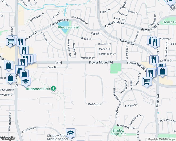 map of restaurants, bars, coffee shops, grocery stores, and more near 103 Red Oak Lane in Flower Mound