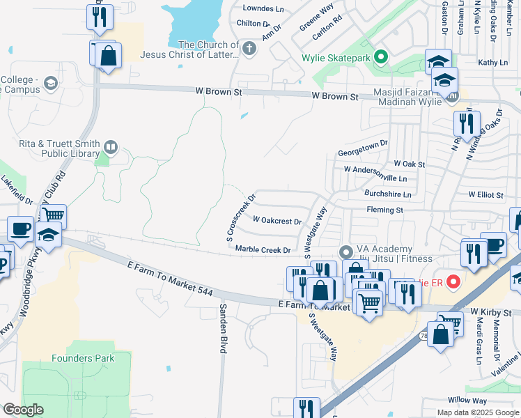 map of restaurants, bars, coffee shops, grocery stores, and more near 931 West Oakcrest Drive in Wylie