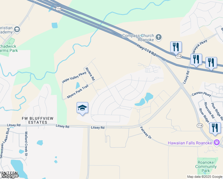 map of restaurants, bars, coffee shops, grocery stores, and more near 1065 West Bluff Way in Roanoke