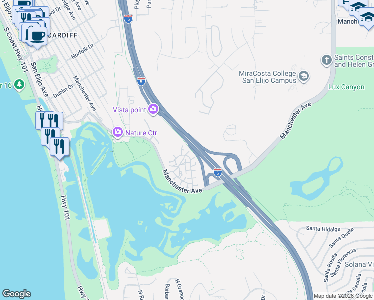 map of restaurants, bars, coffee shops, grocery stores, and more near 2438 Caminito Ocean Cove in Encinitas