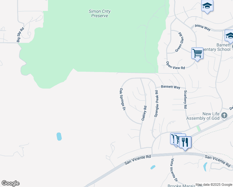 map of restaurants, bars, coffee shops, grocery stores, and more near 16256 Oak Springs Drive in Ramona