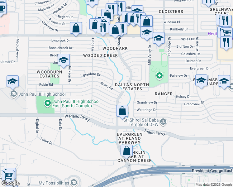 map of restaurants, bars, coffee shops, grocery stores, and more near 2901 Dartmouth Drive in Plano