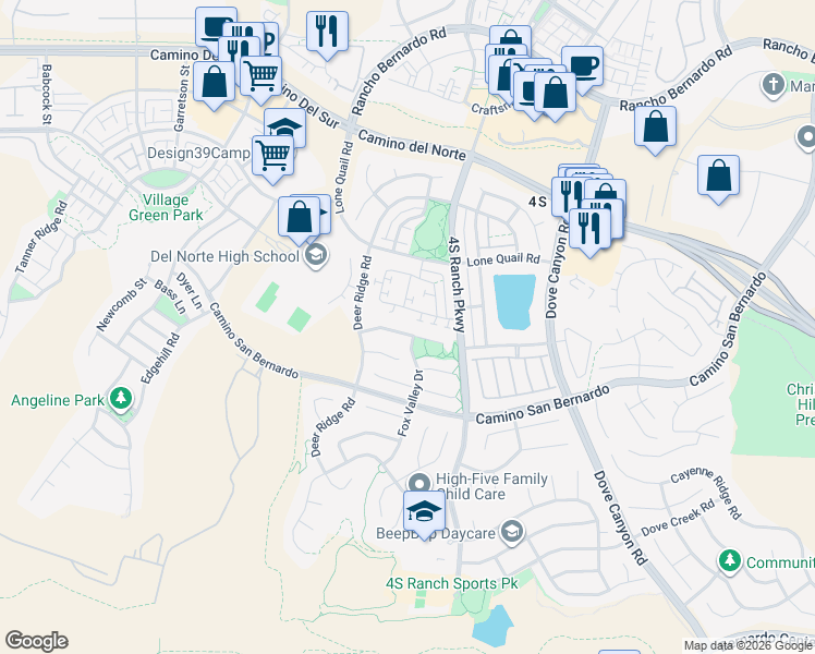map of restaurants, bars, coffee shops, grocery stores, and more near 9842 Deer Ridge Place in San Diego