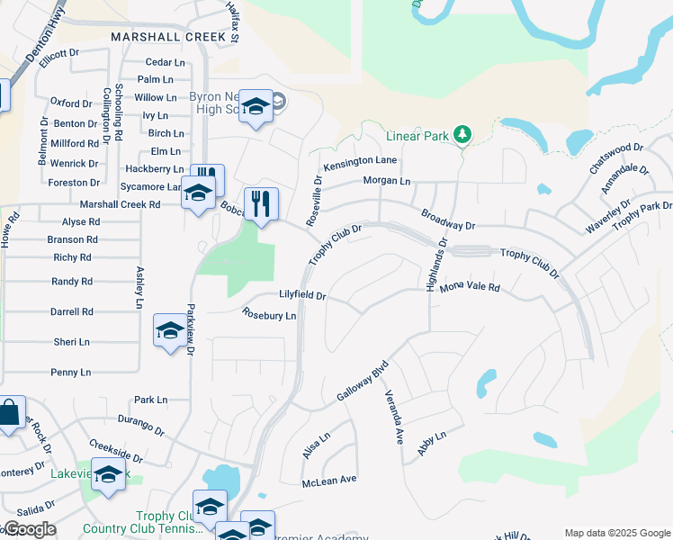 map of restaurants, bars, coffee shops, grocery stores, and more near 2502 Strathfield Lane in Roanoke