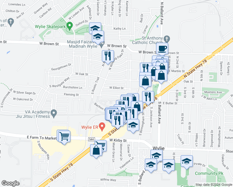 map of restaurants, bars, coffee shops, grocery stores, and more near 414 Fleming Street in Wylie