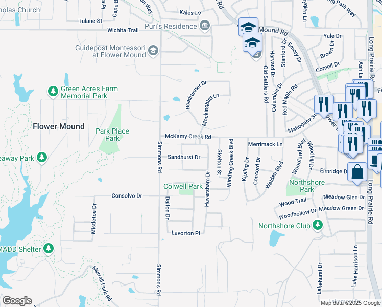 map of restaurants, bars, coffee shops, grocery stores, and more near 3609 Sandhurst Drive in Flower Mound