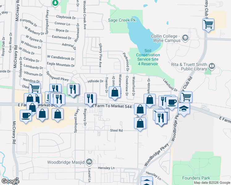 map of restaurants, bars, coffee shops, grocery stores, and more near 313 Lakefront Drive in Wylie