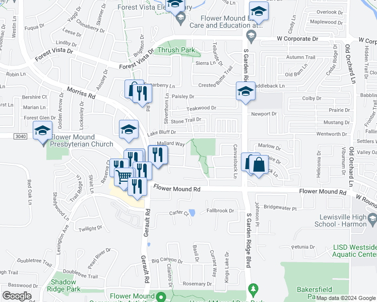 map of restaurants, bars, coffee shops, grocery stores, and more near 2004 Widgon Way in Lewisville