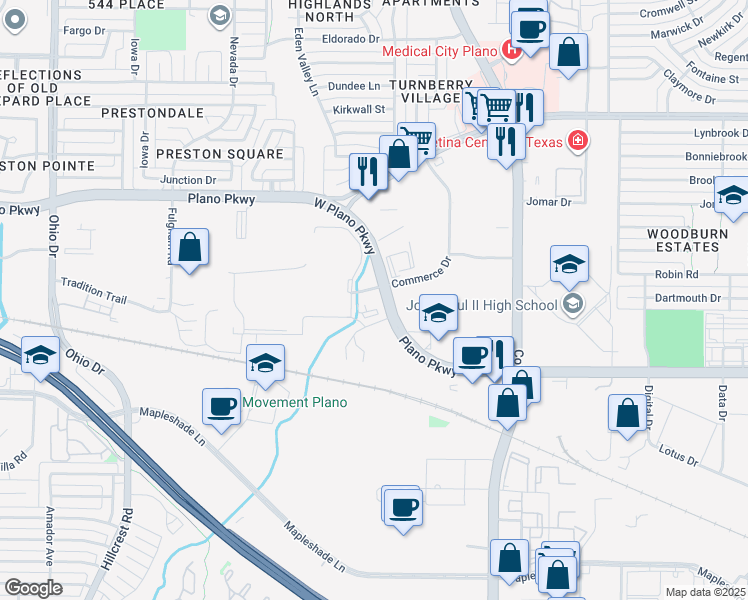 map of restaurants, bars, coffee shops, grocery stores, and more near 4100 West Plano Parkway in Plano