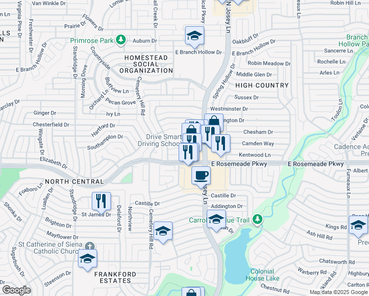 map of restaurants, bars, coffee shops, grocery stores, and more near in Carrollton
