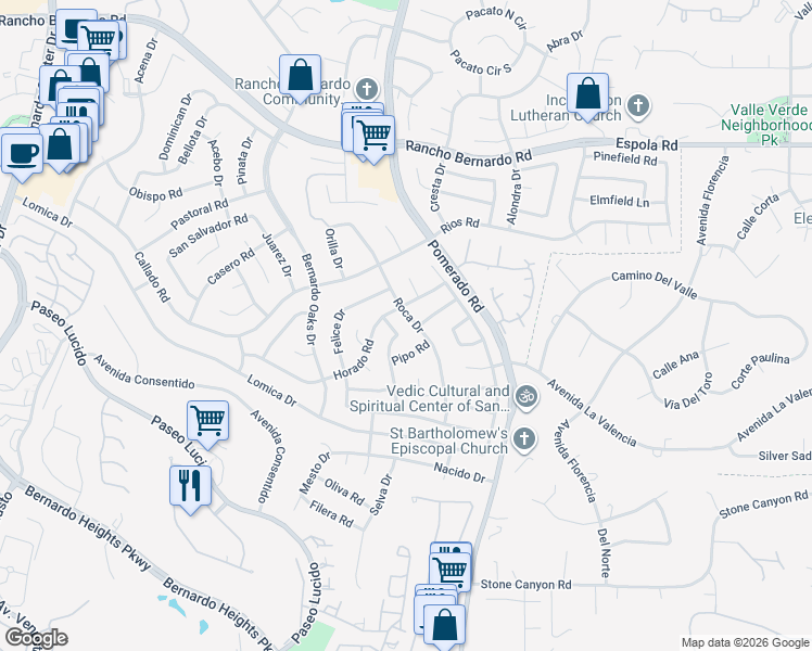 map of restaurants, bars, coffee shops, grocery stores, and more near 12470 Pipo Road in San Diego