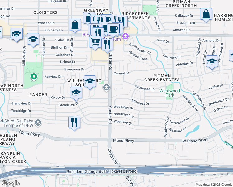 map of restaurants, bars, coffee shops, grocery stores, and more near 2037 Midcrest Drive in Plano